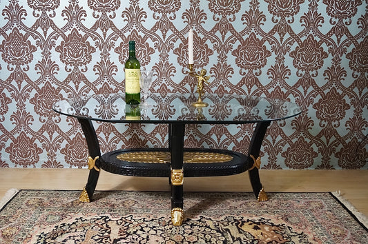 Ovaler Couchtisch in dezenter barocker Ausarbeitung, Massivholz, teilvergoldet