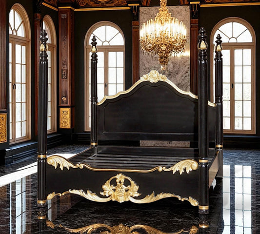 Barock Himmelbett – Schwarz & Gold, Massives Mahagoni