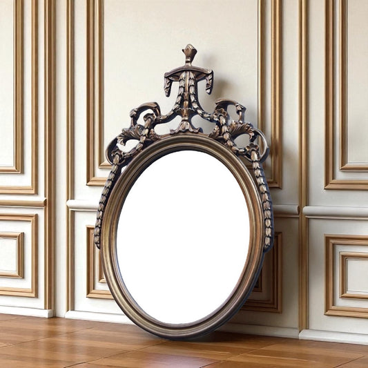 Empire Ovalspiegel: Exklusiver, ovaler Wandspiegel mit Trophäen-Ornament – Blattgold