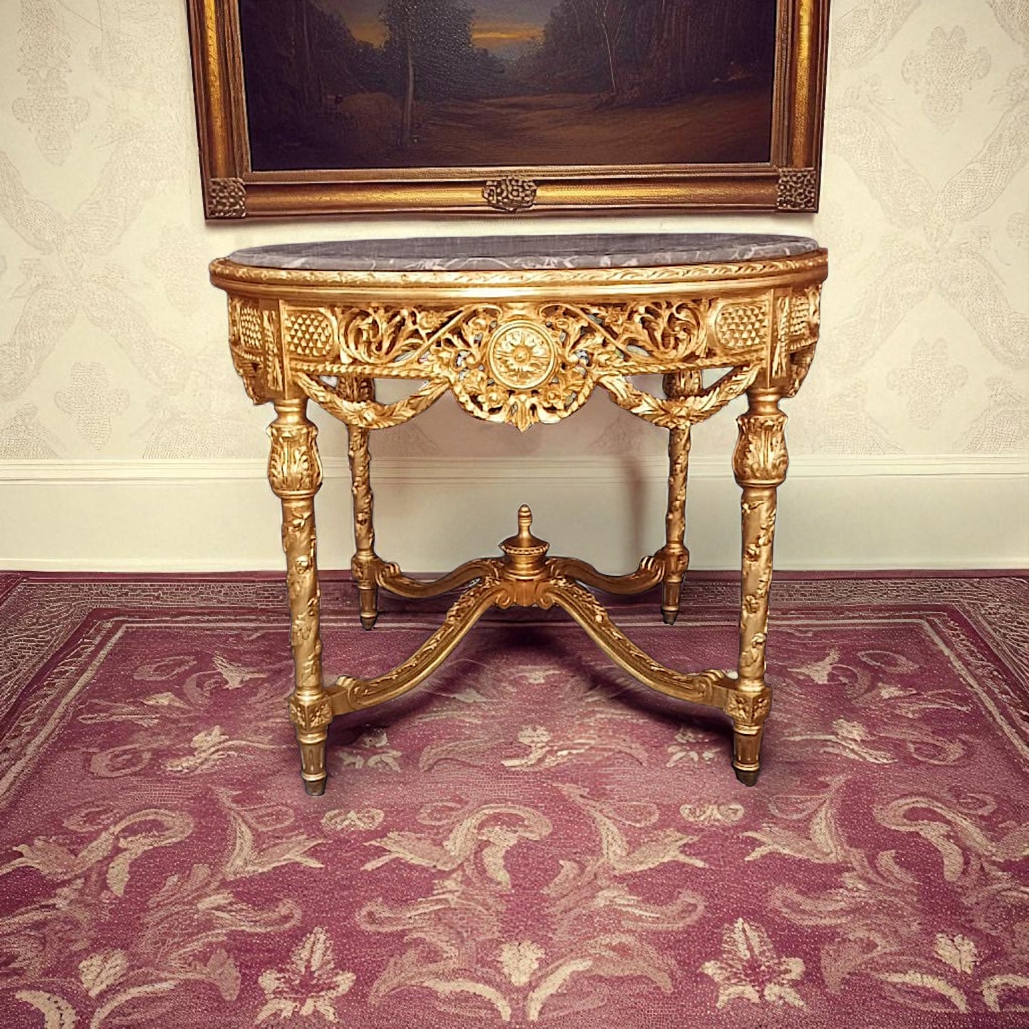 Luxuriöser Barock Beistelltisch / Rundtisch – Blattgold, Marmor, Massivholz