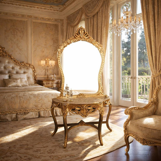 Hof-Konsole Louis XV: Vierbeiniges Ensemble mit Spiegel – Prunkvoll Vergoldet
