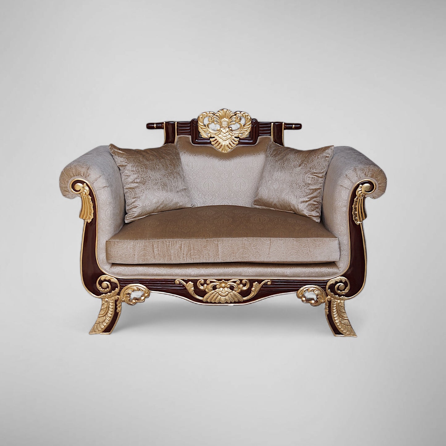 Mahagoni Mini-Sofa: Barock Akzent – Dunkelholz, Gold und Beige