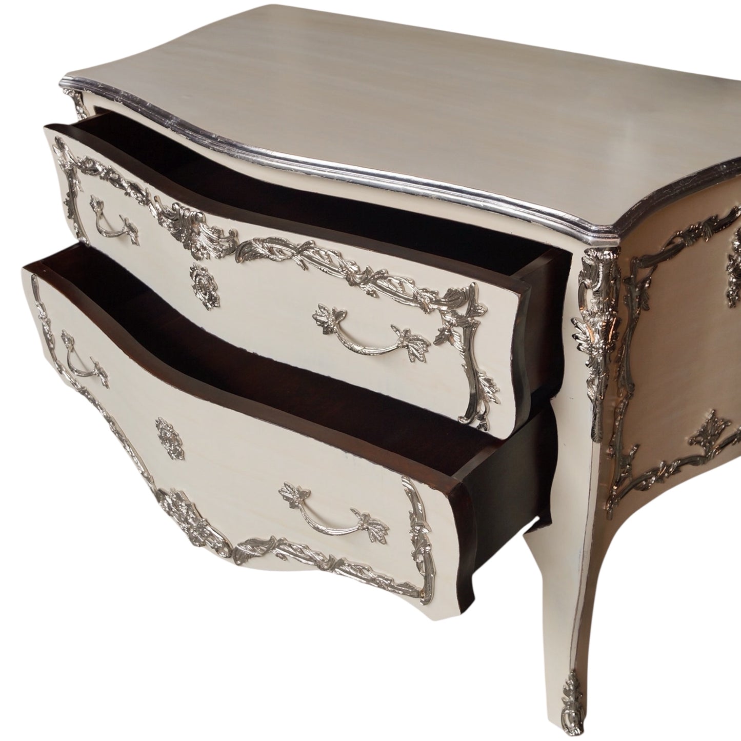 Eindrucksvolle Barock Kommode – Creme & Silber, Massivholz, Château-Stili