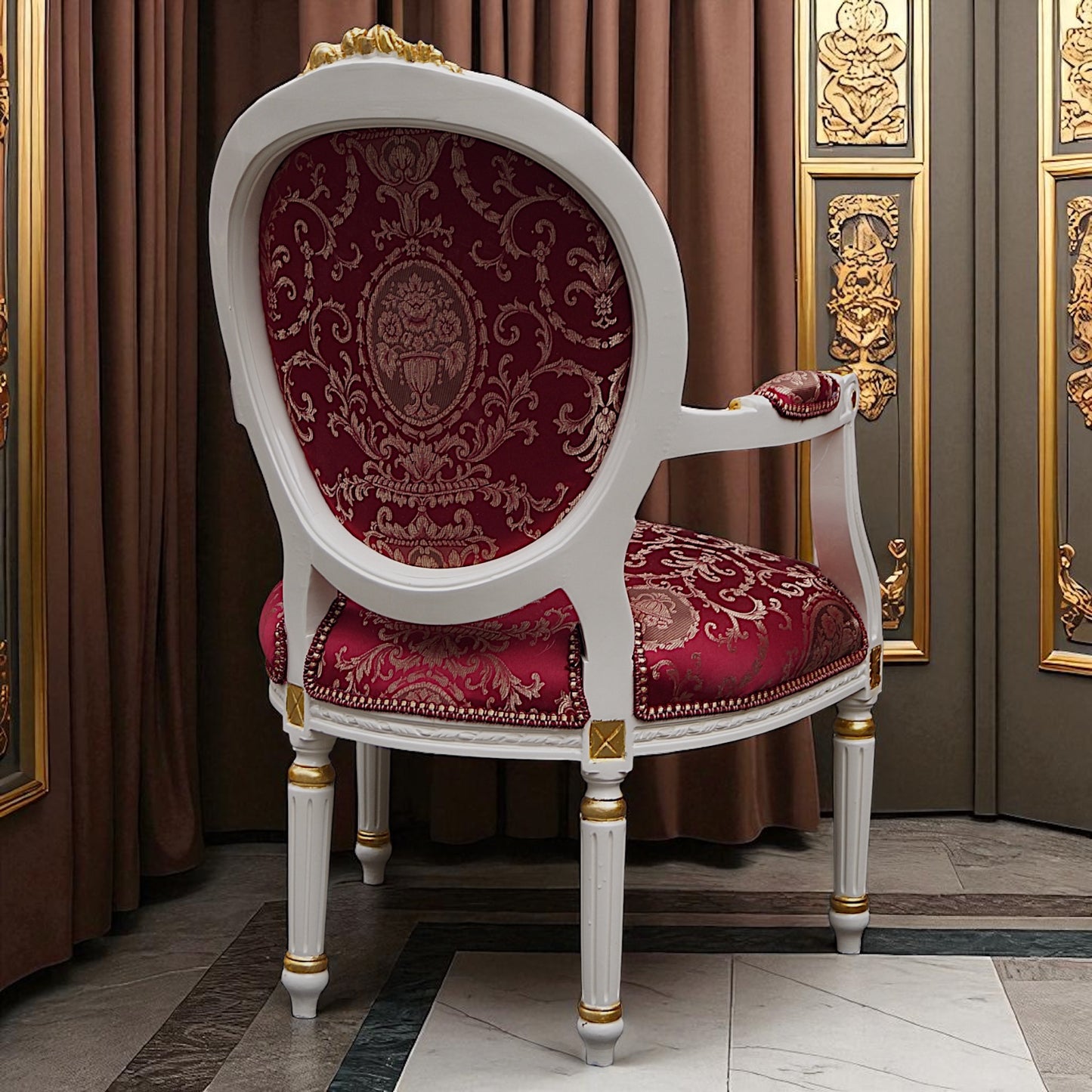 Medaillon-Sessel: Louis XVI Armlehnstuhl – Weiß, Gold und Roter Damast