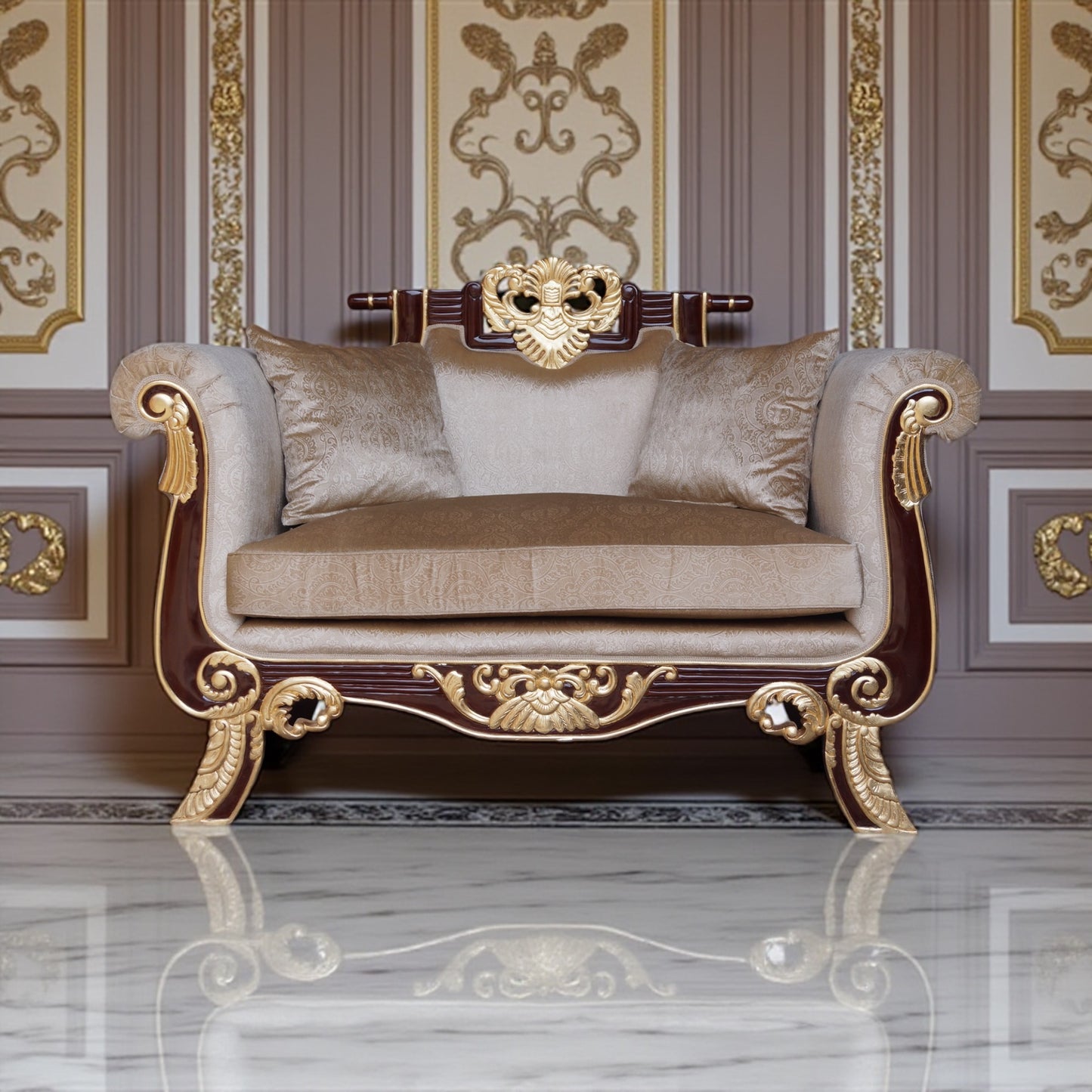 Mahagoni Mini-Sofa: Barock Akzent – Dunkelholz, Gold und Beige