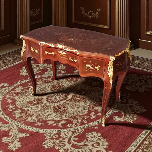 Barock Schreibtisch – Intarsien, Geschwungen, Massivholz