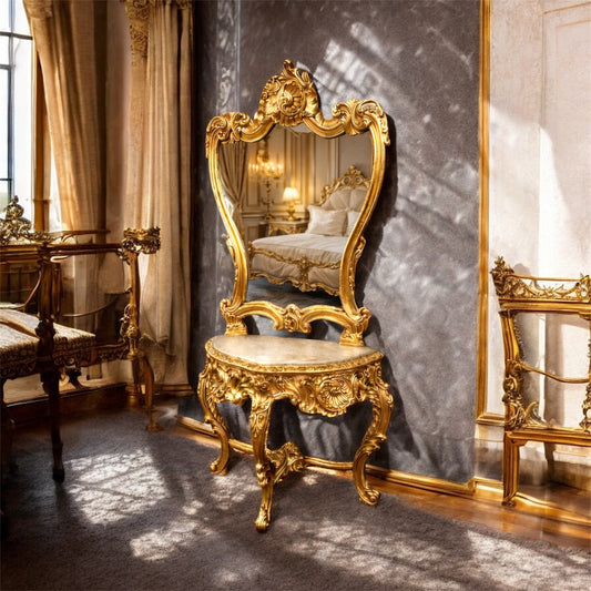 Hof-Konsole Louis XV: Dreibeiniges Ensemble mit Spiegel – Opulent Blattvergoldet