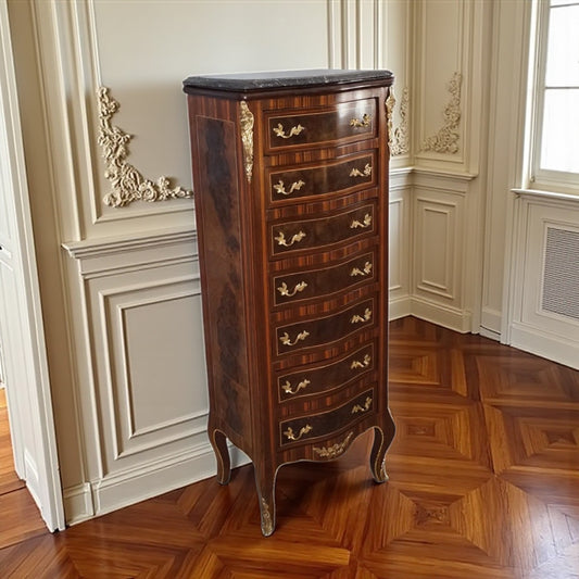 Erhabene Barock Kommode – Massivholz, Intarsien & Marmor (7 Schubladen)