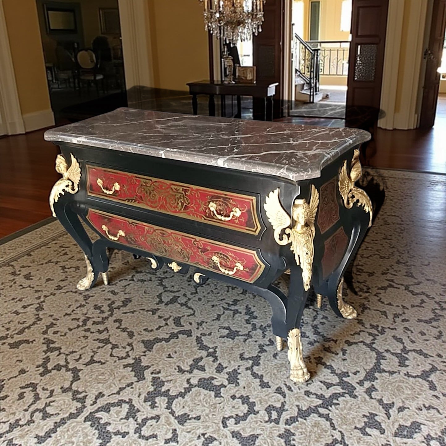 Prunkvolle Barock Kommode – Boulle-Stil, Gold-Applikationen & Marmor