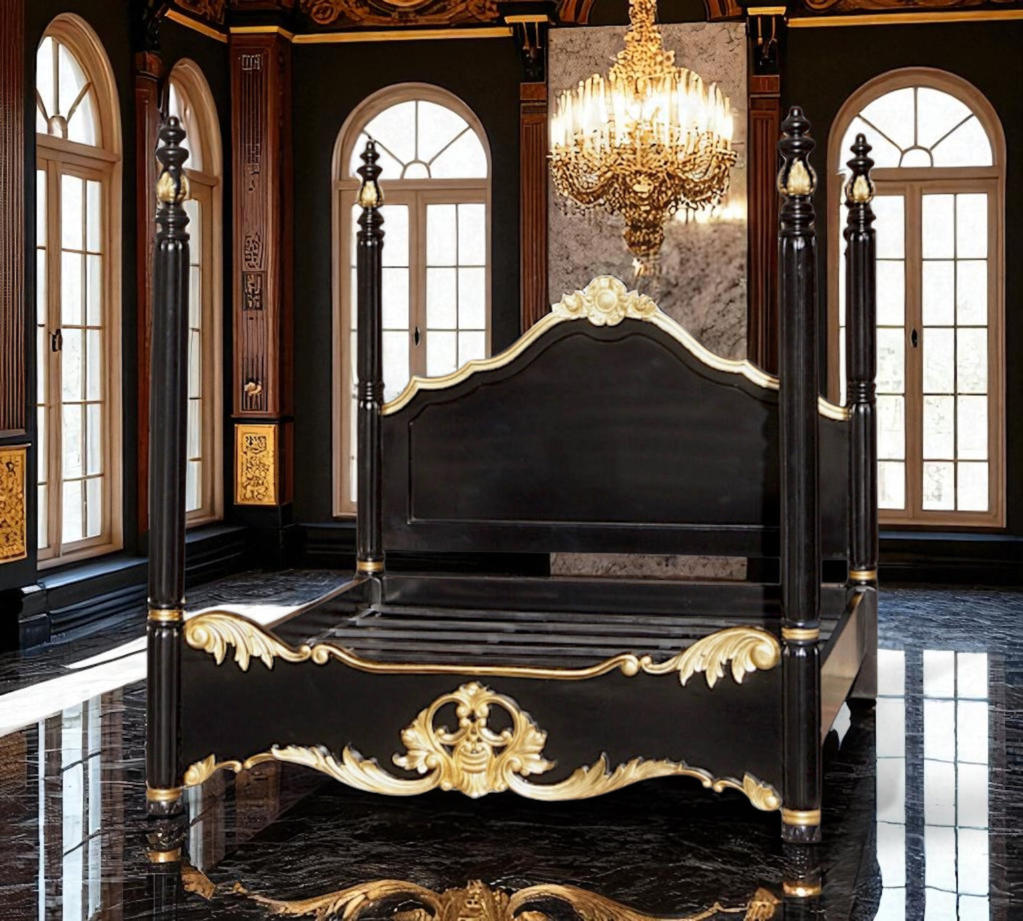 Barock Himmelbett – Schwarz & Gold, Massives Mahagoni