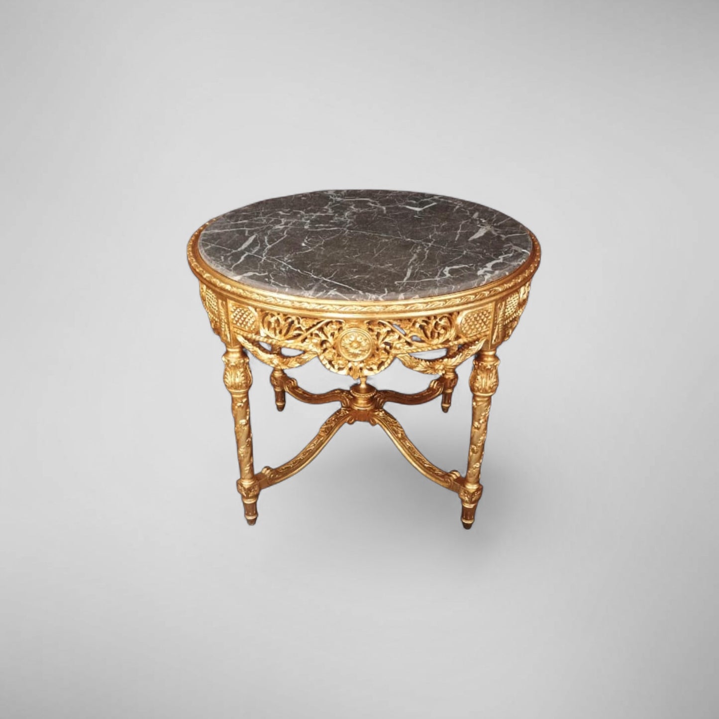 Luxuriöser Barock Beistelltisch / Rundtisch – Blattgold, Marmor, Massivholz