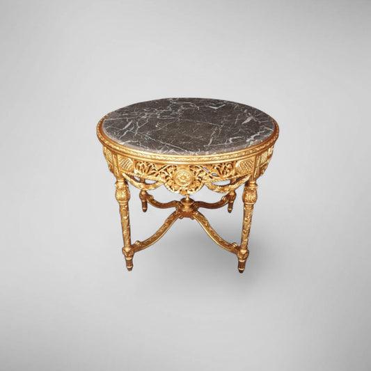 Luxuriöser Barock Beistelltisch / Rundtisch – Blattgold, Marmor, Massivholz