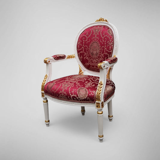 Medaillon-Sessel: Louis XVI Armlehnstuhl – Weiß, Gold und Roter Damast