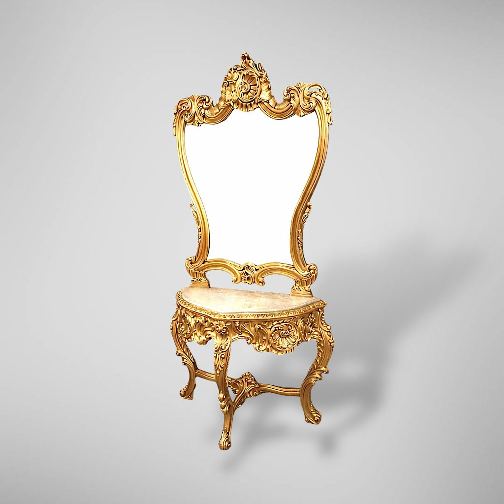 Hof-Konsole Louis XV: Dreibeiniges Ensemble mit Spiegel – Opulent Blattvergoldet