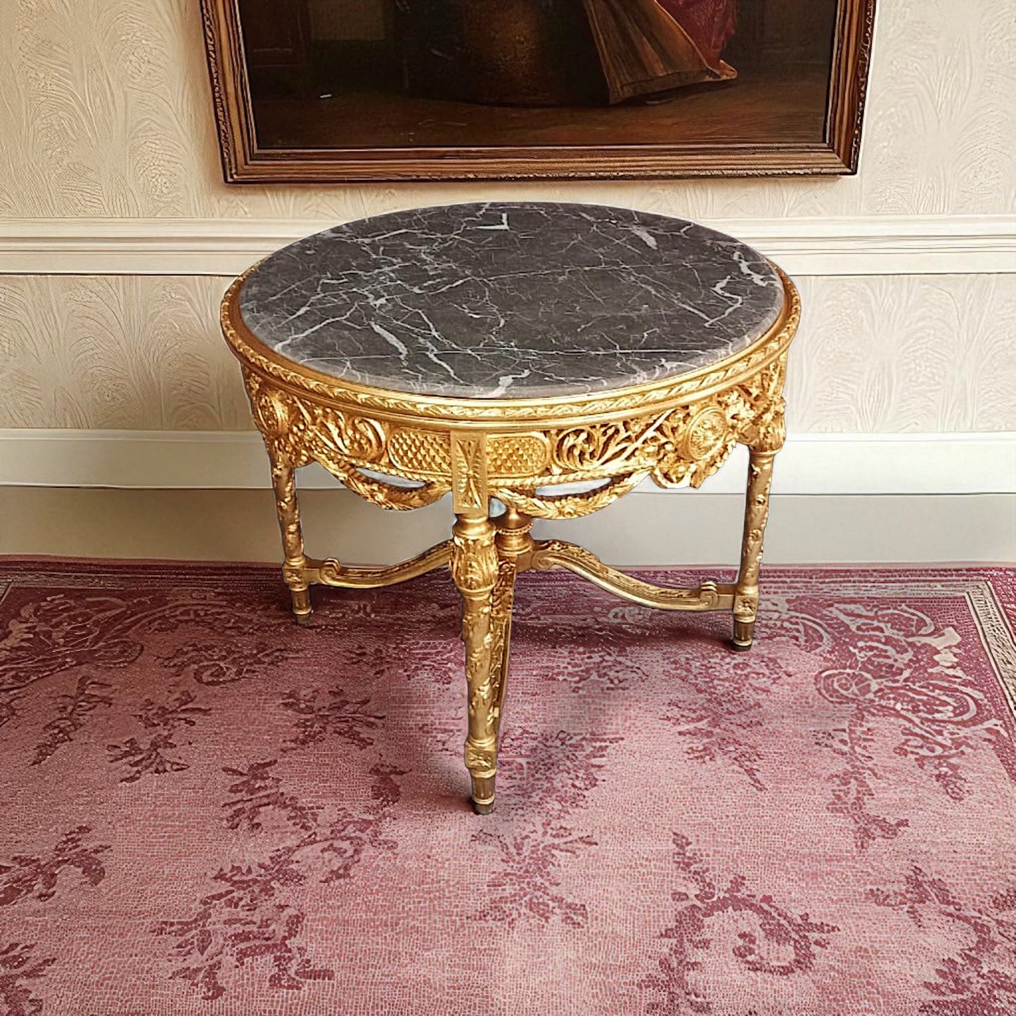 Luxuriöser Barock Beistelltisch / Rundtisch – Blattgold, Marmor, Massivholz