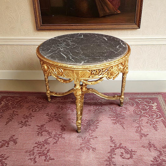 Luxuriöser Barock Beistelltisch / Rundtisch – Blattgold, Marmor, Massivholz